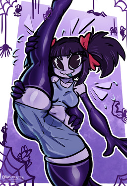 5_eyes 6_arms :3 arm_socks bare_shoulders belly big_butt black_hair black_sclera blue_bottomwear blue_clothing blue_shirt blue_tongue blue_topwear bodily_fluids bottomwear bow_ribbon breasts butt clothing crop_top cropped_tank_top emphasis_lines exercise eyelashes fangs female flying_sweatdrops gloves hair hand_on_hip handwear hime_cut hotpants huge_butt huge_hips huge_thighs humanoid_hands legwear multi_arm multi_eye multi_limb navel pigtails purple_body purple_clothing purple_legwear purple_skin purple_thigh_highs raised_leg red_bow sharp_teeth shirt shorts simple_background slightly_chubby slim small_breasts small_waist solo spider_web stockings stretching sweat sweatdrop tank_top teeth text thick_thighs thigh_highs tongue topwear twintails_(hairstyle) white_eyes wide_hips workout diddlydooter1 undertale undertale_(series) muffet animal_humanoid arachnid arachnid_humanoid arthropod arthropod_humanoid humanoid monster spider spider_humanoid absurd_res artist_name digital_drawing_(artwork) digital_media_(artwork) hi_res signature
