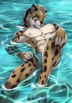 anthro claws clothed clothing hair low-angle_view male muscular muscular_anthro muscular_male neck_tuft nipples partially_submerged solo topless tuft water biggoodwolf cheetah felid feline mammal hi_res