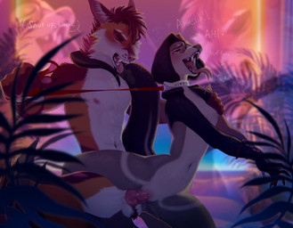 anthro bdsm bodily_fluids bondage bound breasts collar dirty_talk drooling duo fangs female fur knot male male/female neon neon_lights nude open_mouth orange_body orange_fur rough_sex saliva sex small_breasts strangling teeth tropical tropical_plants tsujo_art canid canine fox mammal reptile scalie snake digital_media_(artwork) hi_res