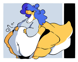 abstract_background anthro belly belly_overhang belly_rolls big_belly big_fupa big_tail black_clothing black_underwear blue_clothing blue_hair blue_topwear cankles clothed clothing fat_belly female fupa hair hand_on_belly huge_belly huge_fupa huge_hips huge_tail hungry hyper hyper_hips long_hair looking_at_own_belly morbidly_obese morbidly_obese_anthro morbidly_obese_female navel obese obese_anthro obese_female overweight overweight_anthro overweight_female pantsless sagging_belly simple_background solo standing tail thick_tail topwear underwear white_belly wide_hips yellow_body ltoo ltoo_(sona) scalie 2026 5:4 hi_res nonbinary_(lore)