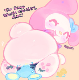 accessory ambiguous/ambiguous ambiguous_anthro ambiguous_form ambiguous_gender anthro big_butt blue_body blue_ears blue_ribbon blush blush_lines bottomless bottomless_ambiguous bottomless_anthro bow_ribbon butt butt_focus clothed clothed_ambiguous clothed_anthro clothing dialogue duo exclamation_point eyes_closed facesitting featureless_butt feet furgonomics headgear headwear hindpaw laugh open_mouth open_smile pawpads paws pink_blush pink_clothing pink_headwear pink_hood pink_pawpads pink_text short_tail simple_background sitting sitting_on_another smile tail tail_accessory text yellow_inner_ear yellow_nose yellow_ribbon ligma_(artist) onegai_my_melody sanrio flat_(sanrio) my_melody lagomorph leporid mammal mouse murid murine rabbit rodent 2025 archived_source digital_drawing_(artwork) digital_media_(artwork) english_text handwritten_text hi_res shaded female_(lore) male_(lore)