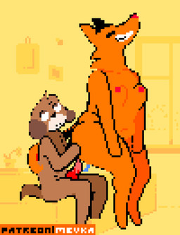 animal_genitalia animal_penis anthro bed bedroom bedroom_sex belly belly_bounce belly_jiggle bodily_fluids bouncing_breasts breasts brown_body brown_fur canine_genitalia canine_penis detailed_background dominant duo eyes_closed female fur furniture genital_fluids genitals jiggling knot knotted_penis knotting larger_dom larger_female male male/female orange_body orange_fur patreon_username penetration penile penile_penetration penis romantic romantic_couple shocked sitting size_difference slightly_chubby slightly_chubby_anthro slightly_chubby_female smaller_male smile tail tail_motion tailwag text vaginal_fluids zeal_position mevka dog_boy_(mevka) fox_girl_(mevka) canid canine canis domestic_dog fox mammal animated digital_media_(artwork) hi_res loop pixel_(artwork) pixel_animation url