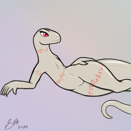 5_fingers albino anthro arm_tattoo belly_tattoo big_tail eyelashes fangs featureless_chest female female_anthro fingers flat_chested genitals glistening glistening_body gradient_background humanoid_hands innie_vulva leg_tattoo long_neck long_tail lying monotone_body neck_tattoo nude nude_anthro nude_female on_side orange_tattoo pupils red_eyes simple_background slit_pupils smooth_skin snout solo tail tapering_tail tattoo teeth thick_tail thick_thighs thigh_tattoo tribal tribal_tattoo vulva white_body white_outer_labia white_vulva wide_hips spe overlord_(series) crusch_lulu lizard lizardman lizardman_(overlord) reptile scalie 1:1 2025 absurd_res dated digital_drawing_(artwork) digital_media_(artwork) flat_colors hi_res krita_(artwork) signature sketch sketchbook_(artwork)