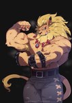 5_fingers anthro barazoku belt biceps black_nose blonde_hair blue_eyes bottomwear clothed clothing ear_piercing fingers fist flexing fur grin hair jewelry kemono male mane melee_weapon muscular muscular_anthro muscular_male necklace pants pecs piercing pose pupils slit_pupils smile solo sword tan_body tan_fur teeth topless vein weapon tiggon_the_great bandai_namco digimon digimon_(species) felid leomon mammal pantherine hi_res