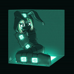 bdsm black_latex blonde_hair bondage bound female glowing hair hood latex latex_sleepsack light_body light_skin lock_symbol muzzle_(object) muzzled sleepsack solo zipper alodo_(artist) muzupi_(character) animal_humanoid humanoid lagomorph lagomorph_humanoid leporid_humanoid mammal mammal_humanoid rabbit_humanoid
