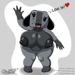 anthro big_breasts breasts dialogue female gesture heart_symbol looking_at_viewer nipples nude open_mouth short_stack simple_background slightly_chubby smile solo text thick_thighs tongue waving wide_hips spocky87 nintendo nintendo_switch switch_dog animate_inanimate canid mammal 1:1 2019 absurd_res english_text hi_res url