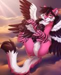 4_toes black_nose detailed_background eyebrows eyelashes feathered_wings feathers feet female feral fur pink_body pink_fur solo toes tongue wings yellow_eyes ketty eda_(terrythetazzytiger) felid feline hybrid mammal 2020 digital_media_(artwork) hi_res