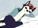 anthro belly blush bottomwear clothing fur half-closed_eyes hat headgear headwear looking_at_viewer lying male narrowed_eyes nipples on_side pants pillow shirtless smile smirk solo topwear underwear young aussiecuno cartoon_network summer_camp_island max_(sci) bat mammal 4:3 hi_res