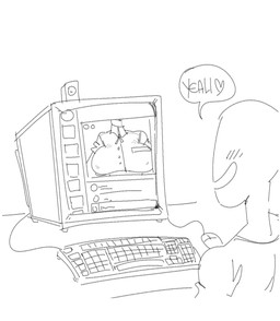 anthro bald big_breasts blush breasts camera clothing collared_shirt computer computer_mouse dialogue dress_shirt duo electronics female keyboard male open_mouth open_smile shirt smile text topwear webcam mhdrawin miss_bliss_(mhdrawin) giraffe giraffid human mammal 2023 black_and_white english_text hi_res monochrome