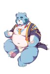 anthro belly black_nose blue_body blue_fur bulge clothing eyes_closed fur kemono male moobs navel nipples overweight overweight_anthro overweight_male robe simple_background sitting solo underwear white_background white_body white_fur lantu_(artist) bonasiah full_attack sophring_jie bear mammal 2020 hi_res