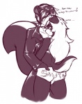 anthro birthday bottomwear clothed clothing crossdressing duo femboy hair long_hair male male/male romantic romantic_couple shorts simple_background standing tail white_background 0r0ch1 kingofkof gothicskunk miles_(kingofkof) canid canine canis domestic_dog mammal mephitid skunk