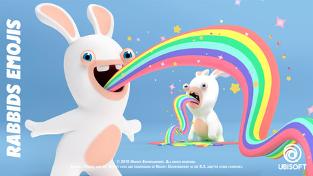 ambiguous_anthro ambiguous_gender anthro blue_background blue_eyes buckteeth duo featureless_crotch featureless_legs frown fur light long_ears mitten_hands multicolored_body no_eyebrows noseless nude_ambiguous nude_anthro open_frown open_mouth open_smile puddle rainbow short_legs simple_background smile smiling_at_viewer sparkles standing star_(shape) tan_body tan_eyelids tan_inner_ear tan_skin technicolor_yawn teeth text two_tone_body vomiting white_body white_fur perrine_lozinguez raving_rabbids rayman_(series) ubisoft lagomorph mammal rabbid 16:9 2019 3d_(artwork) autodesk_maya_(artwork) colored dated digital_media_(artwork) english_description english_text hi_res lighting official_art shaded substance_painter_(artwork) widescreen zbrush_(artwork)