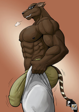 anthro big_bulge big_muscles breath bulge butt clothed clothing eyewear huge_bulge male motion_lines muscular muscular_male navel nipples simple_background solo sunglasses tail topless underwear nexus tight_pants_(meme) dieff_(nexus) hyaenodon hyaenodontid mammal 2023 meme
