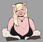 anthro arm_hair bangs black_clothing black_topwear blonde_hair body_hair breasts chest_hair cleavage clothed clothing coat eyebrow_through_hair eyebrows female fluffy_coat hair looking_aside pentagram_necklace pig_ears pig_nose pink_body round_head simple_background solo topwear translucent translucent_hair kewpiekills domestic_pig mammal suid suine sus_(pig) bust_portrait digital_media_(artwork) hi_res portrait