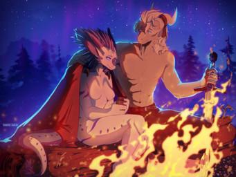 anthro blue_eyes bonfire bottomwear claws cloak cloak_only clothed clothing detailed_background duo female fire forest forest_background hair log long_ears looking_at_another male markings melee_weapon night outside pants pecs plant purple_eyes scales smile spikes sword tail topless topless_anthro topless_male tree weapon white_body white_hair wood wanderertamplior european_mythology mythology dragon mythological_creature mythological_scalie scalie western_dragon 4:3 digital_media_(artwork) hi_res