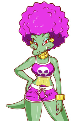 afro anthro biped bottomwear breasts clothing crop_top eyelashes fangs female fingers glistening_eyelids green_body hair half-closed_eyes hand_on_hip hotpants humanoid_hands long_eyelashes long_hair looking_at_viewer medium_breasts narrowed_eyes navel non-mammal_breasts non-mammal_navel pose pube_peek pubes purple_bottomwear purple_clothing purple_crop_top purple_hair purple_shirt purple_shorts purple_topwear red_eyes shirt shorts simple_background smile smirk solo standing tail teeth topwear white_background wristband gummidx donkey_kong_(series) nintendo kalypso crocodilian kremling kritter_(kremling) reptile scalie 2020 9:14 colored portrait shaded three-quarter_portrait