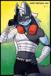 abs anthro bandage black_body black_fur blue_body blue_fur bulge clothed clothing crotch_lines fur grey_eyes gun hair happy_birthday male male_anthro navel one_eye_closed ranged_weapon solo text toothy_grin topless topless_anthro topless_male trading_card_game v-cut weapon white_hair wink bear213 nintendo pokemon anu_k-9 generation_4_pokemon lucario pokemon_(species) english_text half-length_portrait hi_res portrait