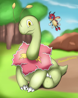 4_arms ambiguous_gender antennae_(anatomy) anthro black_body blue_eyes blurred_background claws cloud day duo feral flying forest grass green_body looking_at_viewer midair multi_arm multi_limb open_mouth outside plant red_body rock sitting sky smile tail text tree wings yellow_body yellow_eyes domedvortex nintendo pokemon generation_2_pokemon ledian meganium pokemon_(species) 4:5 artist_name hi_res