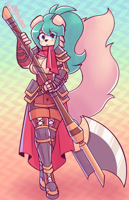anthro armor axe belt boots breasts cheek_tuft clothed clothing facial_tuft female footwear freckles fur gloves green_eyes green_hair hair handwear holding_object legwear looking_at_viewer melee_weapon open_mouth scarf shoes simple_background solo tail tail_tuft topwear tuft weapon white_body white_fur kurus minty_(kurus) canid canine canis domestic_dog mammal absurd_res digital_media_(artwork) hi_res