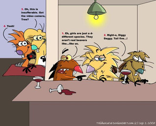 alcohol bar beverage brown_body brown_fur camera container cup drinking_glass drunk female fur glass glass_container glass_cup group linnea_beaver male narrowed_eyes spying substance_intoxication text video_camera wine wine_glass yellow_body yellow_fur trishakat nickelodeon the_angry_beavers daggett_beaver fan_character norbert_beaver treeflower beaver mammal rodent 2009 english_text
