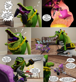 6_panel_comic accidental_vore almost_fully_inside anthro black_clothing black_footwear black_shoes black_sneakers chain clothing dialogue duo electronics exclamation_point footwear frustrated gloves gold_(metal) gold_chain green_body green_scales handwear headphones internal kunai male male_pred male_prey onomatopoeia purple_body purple_clothing purple_footwear purple_scales purple_shoes realization regurgitation saliva_covered scales shoes sleep_eating sleeping sound_effects speech_bubble text unwilling_prey vore weapon white_clothing white_gloves white_handwear yellow_eyes vorefan16 sega sonic_the_hedgehog_(series) espio_the_chameleon vector_the_crocodile chameleon crocodile crocodilian lizard reptile scalie 2022 3d_(artwork) absurd_res digital_media_(artwork) english_text hi_res