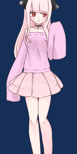 animal_ear_balloon bell bell_collar bottomwear breasts cleavage clothed clothing collar female footwear hair oversized_clothing oversized_shirt oversized_topwear pink_hair red_eyes shirt shoes skirt solo topwear yumemin animal_humanoid canid canid_humanoid canine canine_humanoid humanoid mammal mammal_humanoid hi_res
