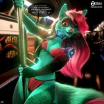 1:1 3d_(artwork) anthro bikini black_body black_collar black_fur black_hair breasts camel_toe canid canine claws clothed clothing collar colorful_theme dialogue digital_media_(artwork) english_text excited exposure_variation facial_markings female fingerless_(marking) fox fur hair head_markings hi_res jacket looking_at_viewer mammal markings mask_(marking) multicolored_hair open_clothing open_jacket open_mouth open_topwear pink_bikini pink_clothing pink_eyes pink_hair pink_nose pink_swimwear public public_transportation smile solo sparkledog speech_bubble string_bikini swimwear teal_body teal_fur teal_theme text topwear under_boob url whisker_markings whiskers zorryn