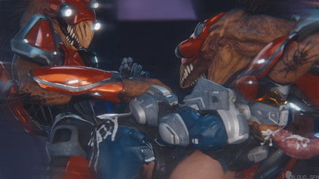 ambiguous_penetration animal_genitalia animal_penis anthro anthro_dominating_human anthro_penetrating anthro_penetrating_female anthro_penetrating_human arm_quills armor bent_over bodily_fluids breasts butt clothed clothed_sex clothing cum cum_from_mouth cum_in_mouth cum_inside cum_on_butt dominant dominant_anthro dominant_male exposed_breasts fellatio female female_human female_on_anthro female_penetrated genital_fluids genitals group hands_behind_back holding_arms human_on_anthro human_penetrated interspecies male male/female male_anthro male_on_human male_penetrating male_penetrating_female male_penetrating_human oral penetration penile penis penis_in_mouth quill_hair scales sex sharp_teeth spitroast submissive submissive_female submissive_human tan_body tan_scales teeth trio xenophilia silent_sfm halo_(series) microsoft xbox_game_studios alien human kig-yar mammal ruuhtian scalie 16:9 3d_(artwork) colored digital_media_(artwork) hi_res widescreen