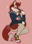 4_toes anthro bottomless clothed clothing collar feet hoodie hoodie_only male pawpads simple_background sitting smile solo toes topwear topwear_only samaella jfet canid canine mammal 2021 absurd_res hi_res