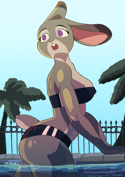 anthro big_butt bikini biped breasts butt clothed clothing day eyebrows eyelashes female female_anthro fence fur grey_body grey_ears grey_fur long_ears medium_breasts nipple_outline one-piece_swimsuit open_mouth outside plant purple_eyes side_view sky solo standing swimming_pool swimwear tail teeth thick_thighs three-quarter_view translucent translucent_clothing translucent_swimwear tree two-piece_swimsuit white_sclera toonarscontent disney gris_swimsuit meme_clothing zootopia judy_hopps european_rabbit lagomorph leporid mammal oryctolagus rabbit absurd_res hi_res meme portrait three-quarter_portrait