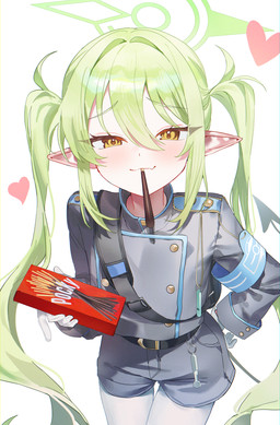 backpack belt bent_arm blue_bottomwear blue_clothing blue_shirt blue_shorts blue_topwear blush bottomwear clothing cute_fangs fangs female flat_chested food food_on_mouth gloves green_hair hair hair_between_eyes halo hand_on_hip hand_on_own_hip handwear heart_symbol legwear long_hair looking_at_viewer mouth_hold narrowed_eyes pantyhose pigtails pointy_ears prick_ears shirt shorts simple_background spade_tail tail teeth topwear waiting whistle_(object) white_background white_clothing white_gloves white_handwear white_legwear white_pantyhose yellow_eyes young young_female young_humanoid minojko112 blue_archive nexon pocky nozomi_(blue_archive) demon demon_humanoid humanoid tailed_humanoid absurd_res hi_res