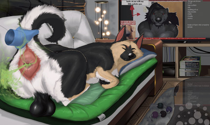 anatomically_correct anatomically_correct_anus anatomically_correct_genitalia anus big_anus big_butt black_body black_fur butt cheek_tuft chew_toy claws clothing disembodied_hand dog_bed electronics facial_markings facial_tuft fart fart_cloud fart_fetish farting_at_viewer feral floating floating_hands fluffy fluffy_chest fluffy_ears fluffy_tail fur furniture genitals ghost_hand gloves green_fart_cloud handwear head_markings holding_tail markings neck_tuft pet_bed pillow presenting presenting_anus presenting_balls presenting_hindquarters quadruped raised_tail raphe_(anatomy) sleeping smile smirk sofa tail tan_body tan_fur television text toy tuft white_body white_fur hazed01 microsoft mythology xbox xbox_360 xbox_game_studios ryan_(ry_the_shep) vincent_vann_valentine canid canine canis domestic_dog german_shepherd herding_dog mammal mythological_canine mythological_creature pastoral_dog werecanid werecanine werecreature werewolf absurd_res english_text hi_res meme
