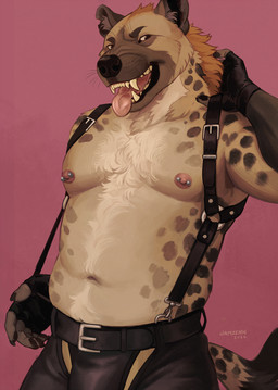 anthro areola barbell_piercing bared_teeth belt body_hair brown_eyes bulge chaps chest_tuft claws clothing finger_claws fingerless_gloves fur gloves handwear happy_trail harness inner_ear_fluff jockstrap leather leather_chaps leather_clothing leather_jockstrap leather_underwear looking_at_viewer male mane markings navel nipple_piercing nipples notched_ear piercing pink_background pube_peek pubes simple_background solo spots spotted_arms spotted_body spotted_fur spotted_hips spotted_markings spotted_shoulders spotted_tail suspenders tail tail_markings tan_body tan_fur teeth tongue tongue_out tuft underwear whisker_spots whiskers jamzenn hyena mammal spotted_hyena 2026 hi_res portrait signature three-quarter_portrait