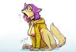 alternate_species breasts busty_feral clothing female feral fur hoodie looking_back nipples simple_background solo tongue tongue_out topwear white_background yellow_body yellow_clothing yellow_fur yellow_hoodie yellow_topwear beingobscene sam_deko canid canine canis domestic_dog mammal 2021 hi_res