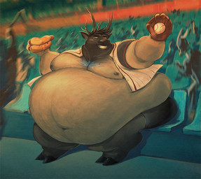 ambiguous_gender anthro antlers audience ball baseball_(ball) baseball_glove baseball_uniform belly belly_overhang big_belly brown_body brown_fur clothed clothing food fur grandstand grin group holding_food holding_hot_dog holding_object hooves horn huge_belly male moobs morbidly_obese morbidly_obese_anthro morbidly_obese_male navel nipples obese obese_anthro obese_male open_clothing open_shirt open_topwear overweight overweight_anthro overweight_male shirt sitting smile solo_focus sportswear thick_thighs topwear uniform wide_hips daddyzagur ambiguous_species deer mammal new_world_deer reindeer