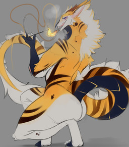 anthro barbel_(anatomy) big_breasts big_butt biped black_body black_fur blue_eyes blush breasts breath_powers butt cigarette cigarette_holder claws countershading crouching digitigrade elemental_manipulation female fire fire_breathing fire_manipulation fur grey_background horn looking_at_viewer multicolored_body multicolored_fur nipples open_mouth orange_body orange_fur simple_background smile solo tail teeth toe_claws white_body white_fur lvlirror asian_mythology east_asian_mythology mythology dragon eastern_dragon mythological_creature mythological_scalie scalie 2022 digital_media_(artwork) hi_res