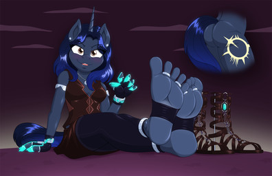 anthro blue_body blue_hair bottomwear brown_eyes butt clothing cutie_mark digit_ring ear_piercing feet female footwear gloves hair handwear horn humanoid_feet jewelry looking_at_viewer pants piercing plantigrade ring rune sandals shoes solo toe_ring toes caroo hasbro my_little_pony mythology fan_character midnight_eclipse equid equine mammal mythological_creature mythological_equine unicorn hi_res