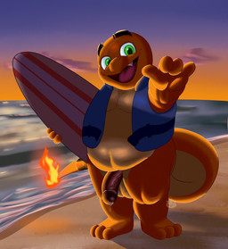 balls beach belly bodily_fluids cum cum_drip dripping eyebrows fire flaccid flaming_tail genital_fluids genitals gesture glans green_eyes hand_gesture life_jacket looking_at_viewer male nude open_mouth orange_body outdoor_nudity outside overweight overweight_male penis shaka_sign slightly_chubby slightly_chubby_male smile solo solo_focus sunset surfboard tail thick_thighs vein veiny_penis ben_d_koopa benediktus_(artist) nintendo pokemon hadou_(satsui-n0-had0u) charmander generation_1_pokemon pokemon_(species) 2025 absurd_res hi_res