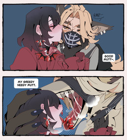 5_fingers anthro bite biting_another biting_partner black_hair blonde_hair blood blood_on_teeth blood_on_tongue blue_background bodily_fluids brooch claws clothing collar collar_pull dialogue duo ear_piercing eyebrows eyes_closed facial_scar fangs female female/female female_anthro female_human female_humanoid fingers hair holding_chin humanoid_hands implied_transformation muzzle_(object) muzzled open_mouth piercing praise pupils red_clothing saliva saliva_string scar simple_background slit_pupils snout speech_bubble teeth text thick_eyebrows tongue tongue_out mixief deadlock_(game) mythology valve lilah_silver mina_(deadlock) canid canine human humanoid mammal mythological_canine mythological_creature werecanid werecanine werecreature werewolf comic digital_drawing_(artwork) digital_media_(artwork) english_text hi_res sequence