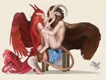 ambiguous_gender anthro brown_hair classical duo feathered_wings feathers fur hair horn intersex intersex/intersex long_hair male muscular muscular_male red_hair renaissance romantic romantic_couple simple_background smile tail tail_motion tailwag wings diorionarh mythology deity demon unknown_species 4:3