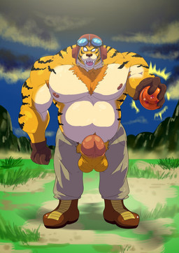 anthro armpit_hair aviator_cap balls belly big_penis black_body black_fur body_hair boots bottomwear chest_hair chest_tuft clothing dragon_ball_(object) erection eyewear footwear fur genitals glans gloves goggles handwear happy_trail male musclegut muscular muscular_male nipples open_mouth pants pecs penis penis_poking_out sharp_teeth shoes slightly_chubby slightly_chubby_male solo striped_body striped_fur stripes teeth tuft vein veiny_penis white_body white_fur yellow_body yellow_fur jabuhusky dragon_ball captain_yellow felid mammal pantherine tiger hi_res