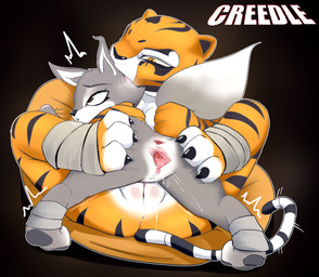 anthro anus biped black_background black_nose black_stripes bodily_fluids breasts butt cheek_tuft claws clitoral_hood clitoris countershade_face countershade_torso countershading duo ejaculation eyebrows facial_tuft feet female female/female foot_wraps genital_fluids genitals grey_body head_lick hug humanoid_genitalia humanoid_vulva interspecies larger_female looking_at_another looking_at_partner looking_pleasured multicolored_body nude open_mouth orange_body pawpads simple_background size_difference small_breasts smaller_female spread_anus spread_butt spread_vulva spreading striped_body stripes tail tail_grab toe_claws tongue tongue_out tuft two_tone_body urethra vaginal_fluids vaginal_squirting vulva white_body white_countershading wraps yellow_eyes creedle dreamworks kung_fu_panda master_tigress zhen_(kung_fu_panda) canid canine corsac_fox felid fox mammal pantherine tiger true_fox 2025 absurd_res hi_res