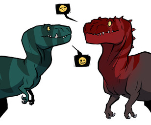 claws duo emoji female feral green_body looking_at_another male markings plant red_body simple_background spikes spikes_(anatomy) striped_markings stripes tail tree white_background yellow_body xannador primal_(series) fang_(primal) red_(primal) dinosaur prehistoric_species reptile saurischian scalie theropod tyrannosaurid tyrannosauroid tyrannosaurus tyrannosaurus_rex 2026 digital_drawing_(artwork) digital_media_(artwork)