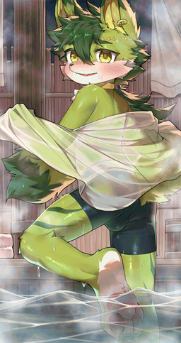 4_toes accessory anthro arms_bent bangs barefoot bent_leg biped black_bottomwear black_clothing black_shorts blush blush_lines blushing_at_viewer bottomwear brown_nose brown_pupils bulge bulge_from_behind butt cheek_tuft chest_tuft choker claws clothed clothed_anthro clothed_male clothing countershade_face countershade_feet countershade_fur countershade_neck countershading cute_fangs dipstick_ears dipstick_tail dripping dripping_wet ear_markings ear_piercing ear_ring eyelashes facial_tuft fangs feet foot_in_water fur fur_markings fur_tuft gold_(metal) gold_choker gold_ear_piercing gold_ear_ring gold_jewelry gold_necklace gold_piercing green_body green_ear_tips green_eyes green_fur green_hair green_markings green_stripes green_tail_tip green_tuft hair hair_accessory hair_between_eyes hair_ring hindpaw holding_clothing holding_object holding_shirt holding_topwear humanoid_heel inside iris jewelry kemono leg_markings leg_tuft long_hair long_tail looking_at_viewer looking_back looking_back_at_viewer male male_anthro markings monotone_hair multicolored_body multicolored_ears multicolored_fur necklace open_mouth open_smile partially_submerged pawpads paws piercing pillar pink_pawpads pink_tongue plantigrade plantigrade_pawpads pose pupils rear_view ring_piercing shirt shorts slim slim_anthro slim_male smile smiling_at_viewer solo spandex spandex_shorts steam straight_leg striped_markings stripes tail tail_markings teeth three-quarter_view tight_bottomwear tight_clothing tight_shorts toe_claws toes tongue topwear translucent translucent_clothing translucent_shirt translucent_topwear tuft water wet wet_body wet_fur white_body white_claws white_clothing white_countershading white_fur white_sclera white_shirt white_topwear yellow_eyes yellow_inner_ear young young_anthro young_male sosak0622 felid feline mammal 2025 absurd_res hi_res pinup portrait shaded