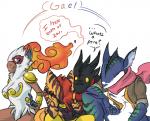 acel_the_gabite amphibian anthro anthrofied armor beelzemon_(artist) clothed clothing colored derp_eyes dialogue embarrassed english_text eyes_closed female gabite gael_the_scrafty generation_4_pokemon generation_5_pokemon generation_6_pokemon greninja group infernape jacket luce_the_greninja male nintendo o_o pokemon pokemon_(species) pokemorph quinn_the_infernape scrafty sitting speech_bubble text topless topwear unconvincing_armor