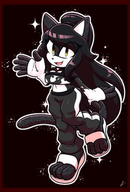 armwear belly big_breasts black_body black_fur black_hair border breasts clothing elbow_gloves fangs female footwear fur gloves hair handwear leopard_spots ponytail red_border shoes simple_background slippers smile smiling_at_viewer solo sportswear spots teeth yellow_eyes xxkenthewolfxx sega sonic_the_hedgehog_(series) fan_character felid leopard mammal pantherine absurd_res hi_res