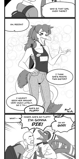 accessory anthro backpack bald bottomwear clothed clothing crossgender denim denim_bottomwear denim_clothing dialogue feathered_tail feathers featureless_face female group hair hair_accessory humor jeans long_hair long_snout makeup male mtf_crossgender open_mouth pants scar screaming snout speech_bubble tail text trio wings heartsick cavemanon_studios goodbye_volcano_high ko_op_(game_developer) snoot_game anon_(snoot_game) naser_(gvh) reed_(gvh) reeda dinosaur dromaeosaurid human mammal prehistoric_species pterodactylus pterosaur reptile saurischian scalie theropod velociraptor absurd_res comic english_text hi_res monochrome