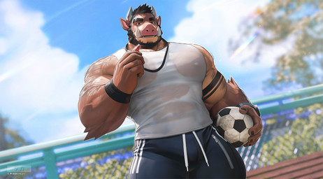 anthro armband_tattoo ball barazoku black_fingernails black_hair black_nails black_wristband blue_clothing blue_shirt blue_sky blue_topwear brown_body brown_fur chain-link_fence clothing colored_nails drawstring drawstring_bottomwear eyebrow_slit eyebrows fence fingernails fur hair holding_ball holding_object holding_soccer_ball holding_whistle horn light light_beam male muscular muscular_anthro muscular_male nails nipple_outline outside pecs plant shirt sky soccer_ball solo sunbeam sunlight tank_top topwear tree tusks whistle_(object) whistle_around_neck white_clothing white_shirt white_tank_top white_topwear wristband takahirosi enzo_(takahirosi) mammal suid suine sus_(pig) wild_boar 2026 hi_res