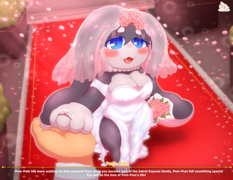 anthro blush clothing crossgender digit_ring dress duo erect_nipples female flower human_on_anthro human_on_anthro_romance interspecies jewelry male male/female marriage_proposal married married_couple nipples plant ring text thick_thighs wedding wedding_dress wedding_ring highoncoffee honkai:_star_rail mihoyo pom-pom_(honkai:_star_rail) human mammal absurd_res english_text hi_res