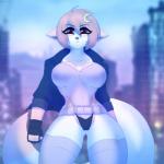 anthro clothed clothing exposure_variation female hair looking_at_viewer outside panties solo standing thick_thighs underwear wide_hips chococosalo amii canid canine mammal 1:1 hi_res